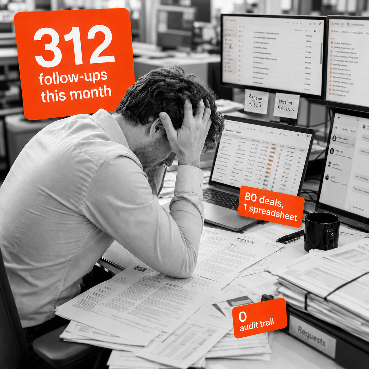 Analyst overwhelmed by document requests, monitors with Gmail, Drive and chat open, papers and post-its scattered.