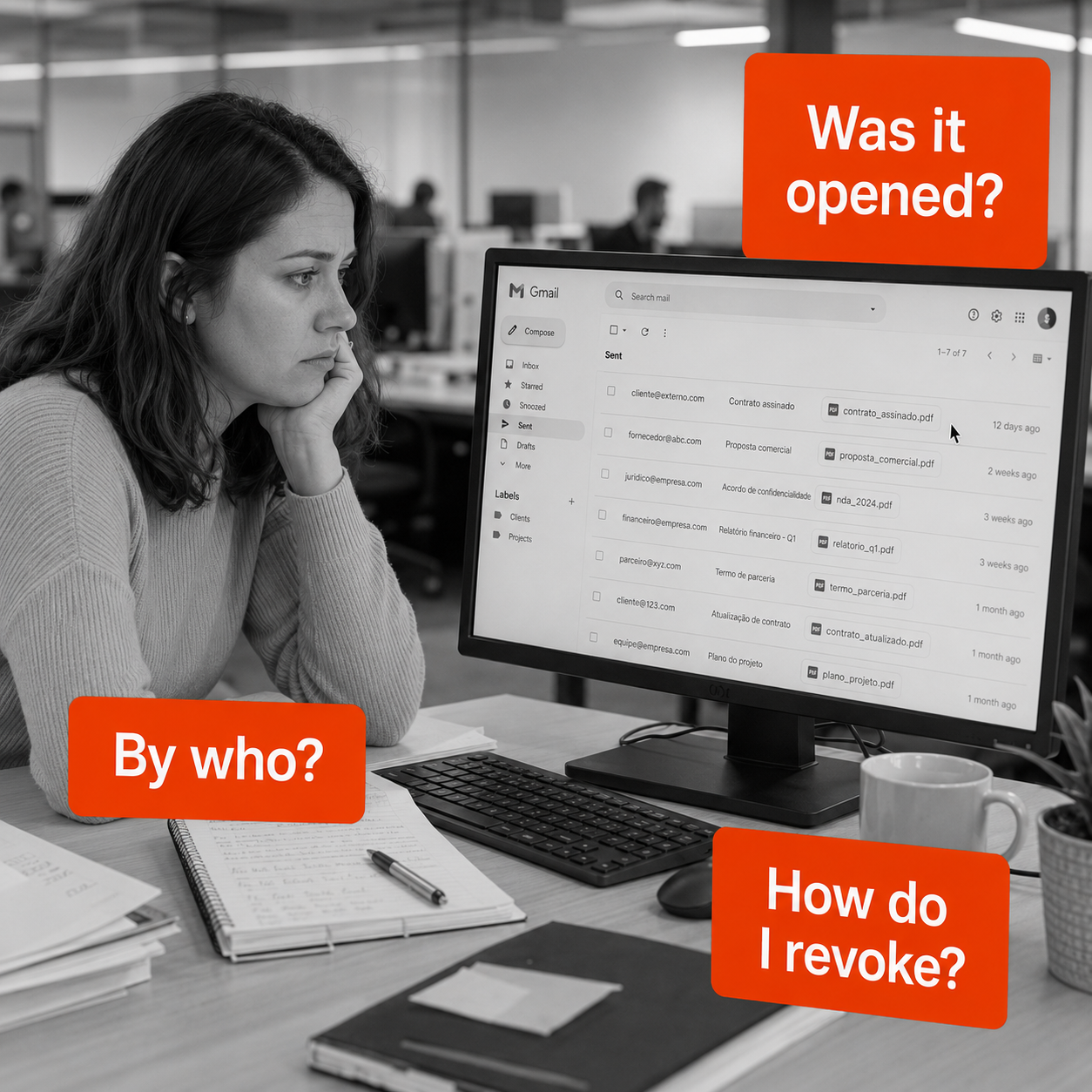 Worried analyst looking at a Gmail Sent folder full of PDF attachments — left wondering whether each contract was opened, by whom, and how to revoke access.